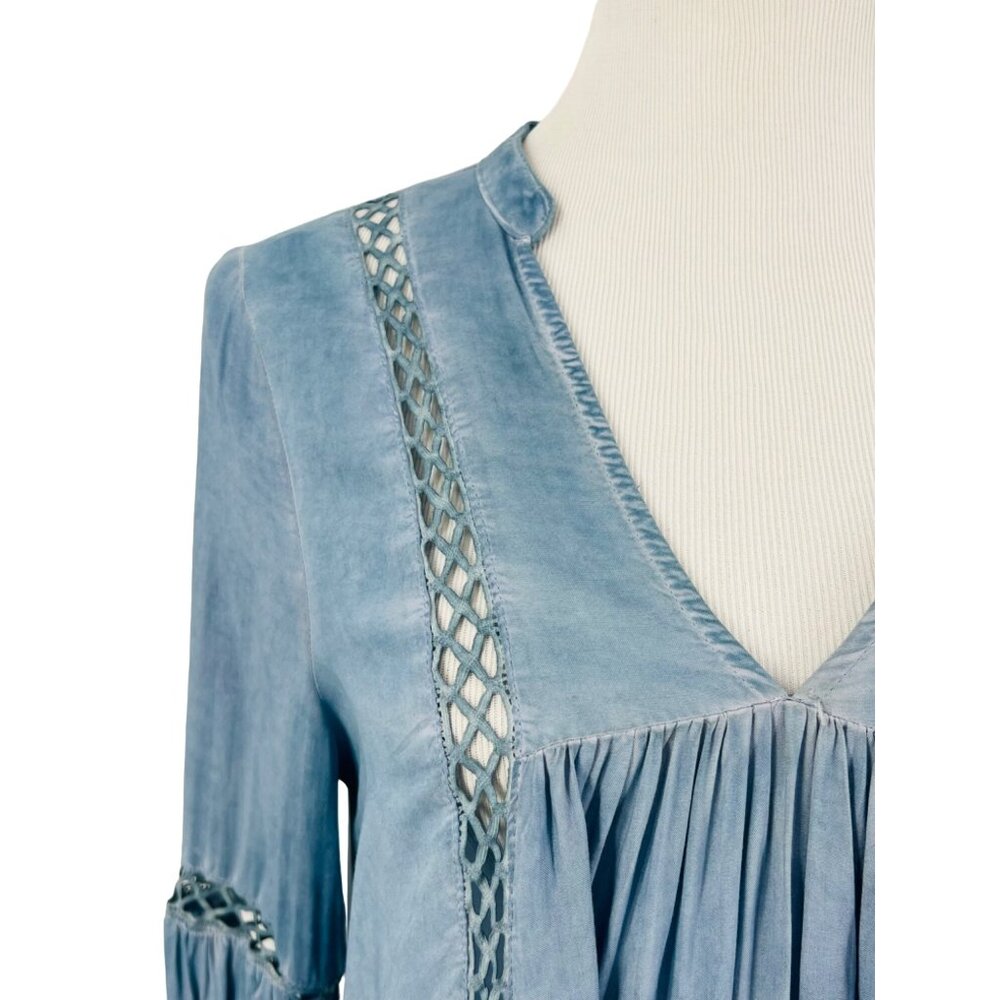 Dusty Blue Crochet Trim Relaxed Tunic Mini Shirt Dress | Coastal Cowgirl Boho S - Picture 3 of 11